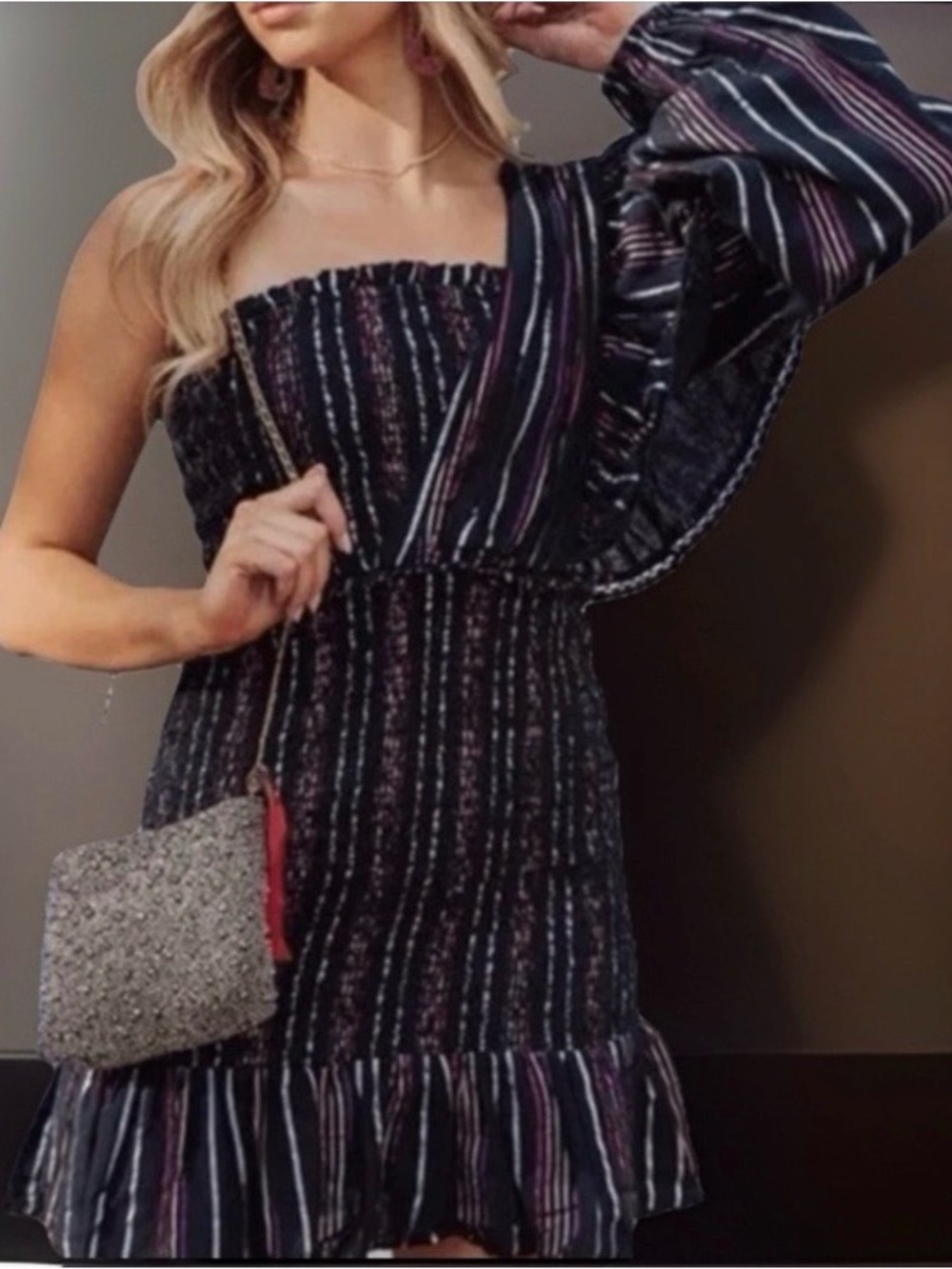 FARM RIO Lurex Stripes Mini 
Dress Black Rainbow Metallic
Smocked Puff Ruffle L